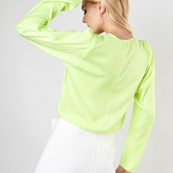 Neon Night Satin Surplice Bodysuit in NEON LIME - Picture 4 of 8